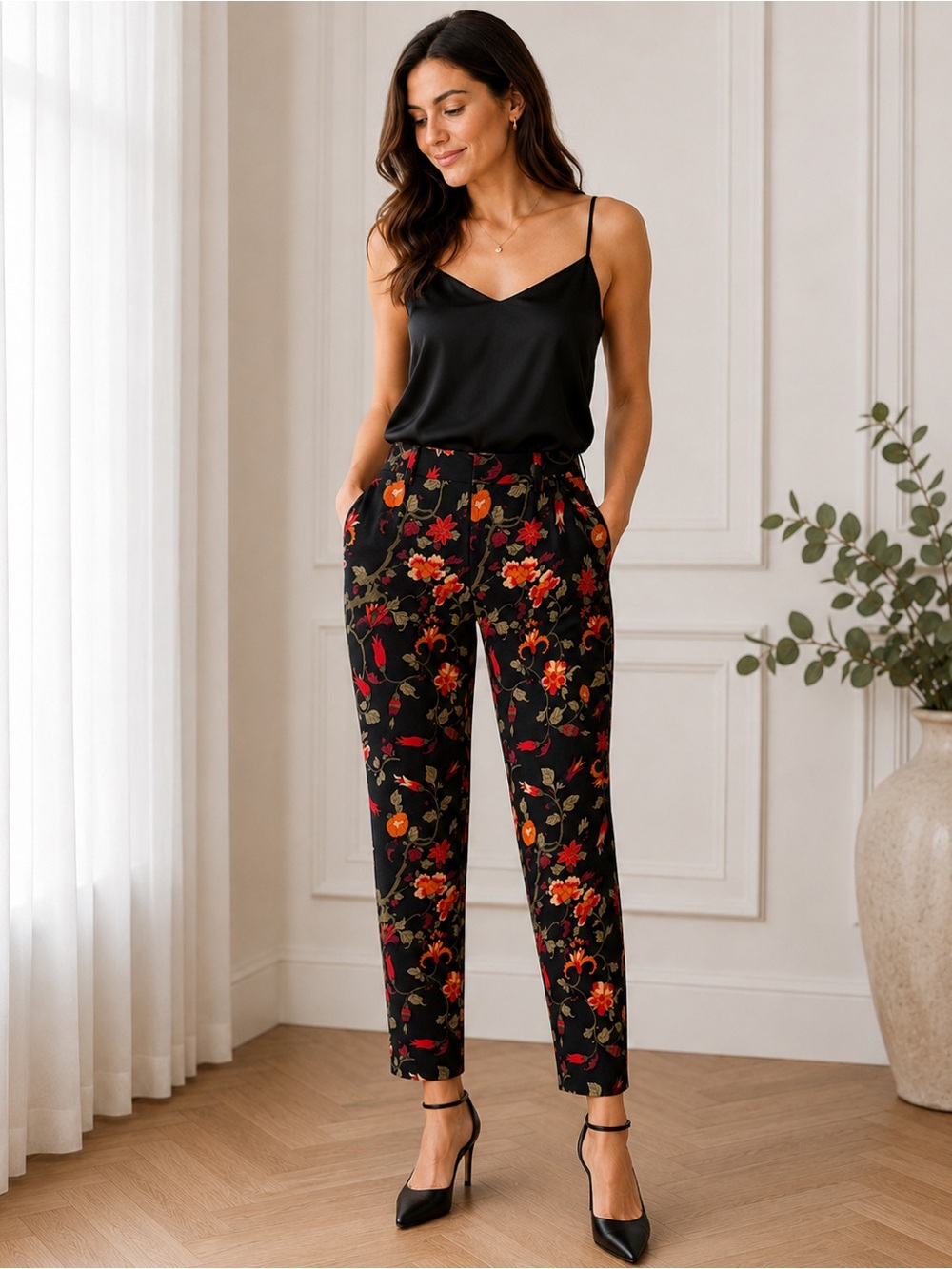 Joie Size 8 Silk Blend Chinoiserie Floral Tapered Pants Black Fully Lined